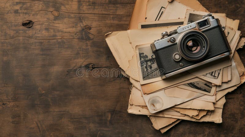 A vintage camera sits atop a stack of old photographs, evoking nostalgia and memories royalty free stock photos