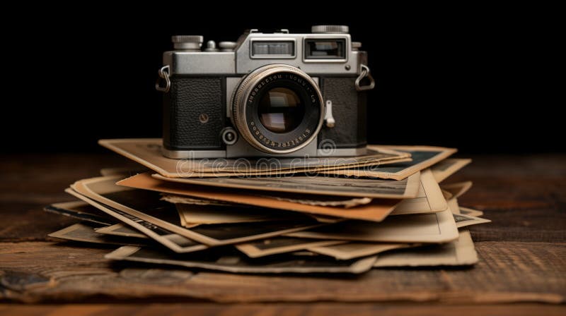 A vintage camera sits atop a stack of old photos royalty free stock photo