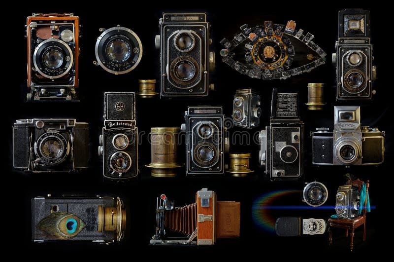 Vintage Camerasa Collage Of Vintage Cameras On A Black Background