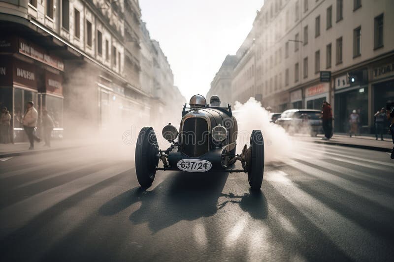 A vintage car driving down a city street. AI generative image