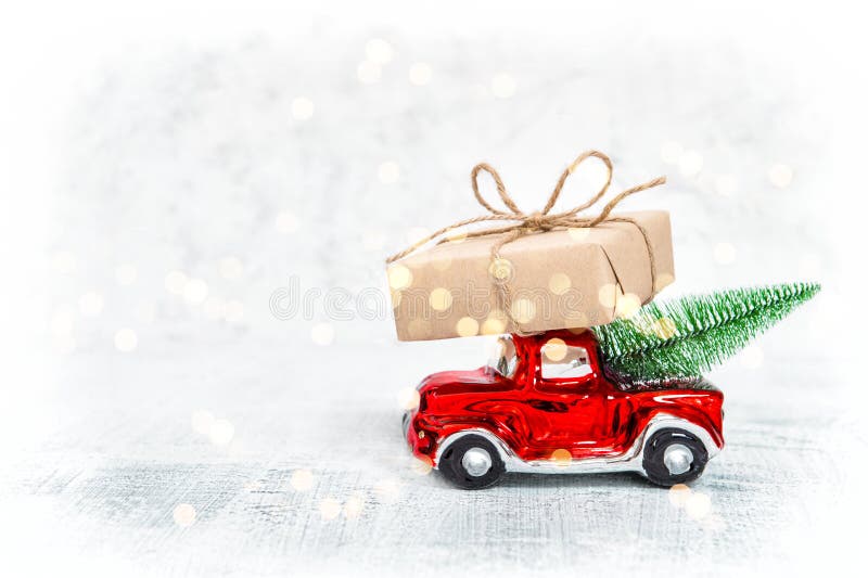 VIntage Car Gift Box Christmas Tree Lights Decoration Stock Image