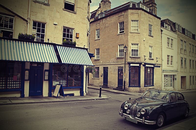 Vintage car and restaurant