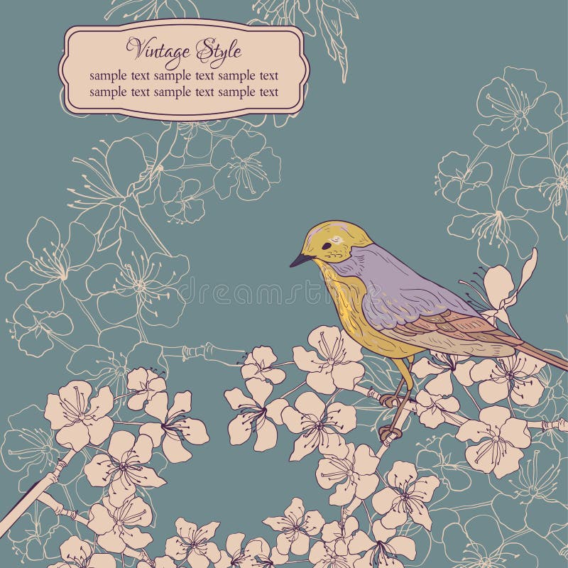 Vintage card with cherry blossoms and bird