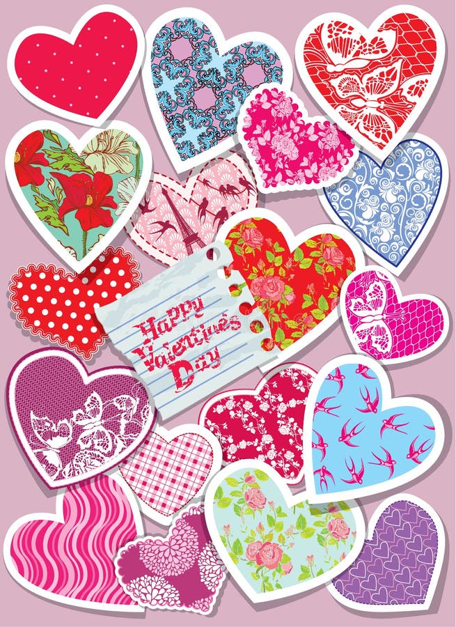 Vintage card with different colors and ornaments paper hearts -