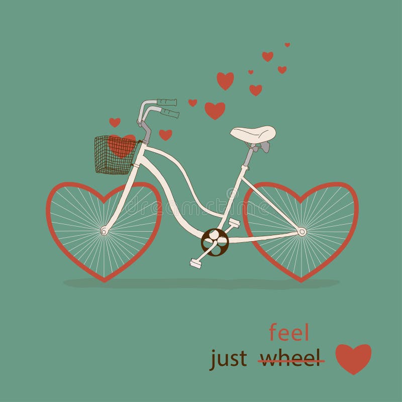 Vintage card in vector. Cute bike with hearts inst