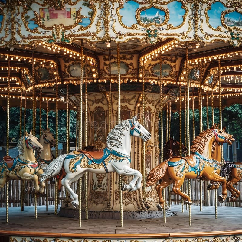 Vintage carousel se învârte în joyful parcului de distracții într-o după-amiază însorită. AI generativ stock illustration