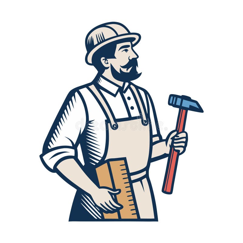 Vintage Carpenter Holding Hammer and Ruler in Work Attyre for Meșteșugity and DIY Projects royalty free illustration