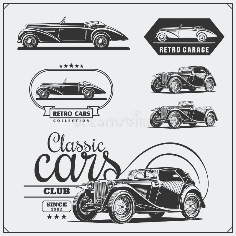 Vintage cars set. Retro cars garage. Classic muscle cars labels, emblems and design elements. royalty free illustration Vintage cars set. Retro cars garage. Classic muscle cars labels, emblems and design elements. royalty free illustration