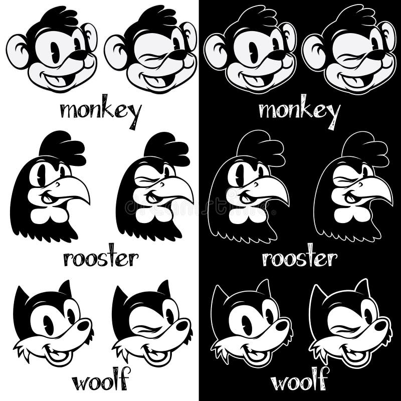 Vintage Cartoon. Retro Cartoon Monkey, Rooster, Woolf Characters. Stock  Vector - Illustration of head, mouse: 66502534