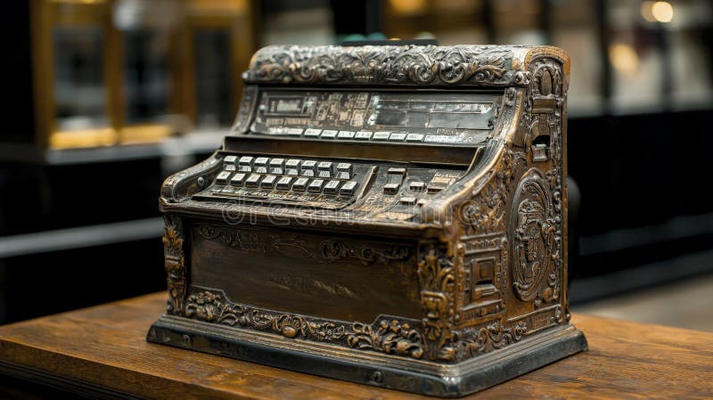 Vintage cash register showcase historical museum artifact display antique environment close-up view nostalgic concept stock illustration