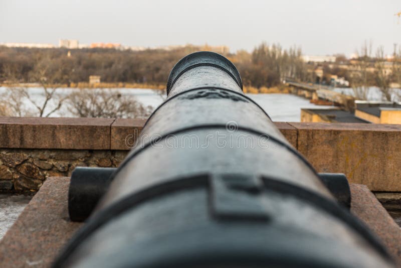 Vintage Cast Iron Gun on the Bank of the River Stock Image Image of