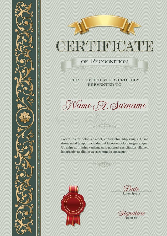 Vintage Certificate of Recognition Vintage Frame. Portrait. stock illustration
