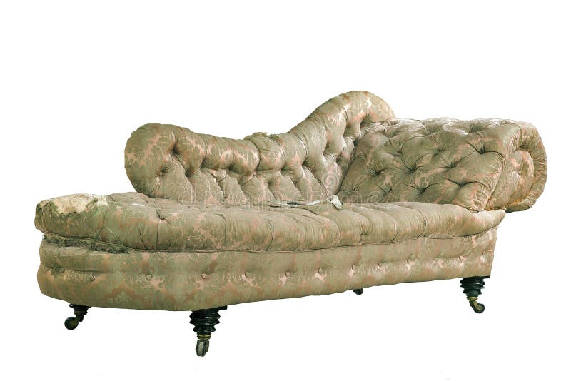 Vintage chaise longue shabby original isolated on white. Vintage chaise longue shabby in need or re-upholstery isolated on white stock photography Vintage chaise longue shabby original isolated on white. Vintage chaise longue shabby in need or re-upholstery isolated on white stock photography