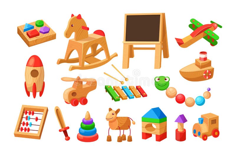 Set of vintage children wooden toys. Baby entertainment playthings for fun and activity