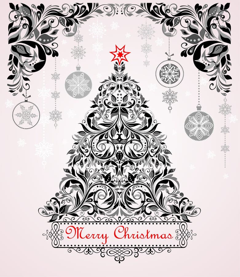 Vintage christmas black and white greeting card with xmas tree and floral decoration royalty free illustration Vintage christmas black and white greeting card with xmas tree and floral decoration royalty free illustration