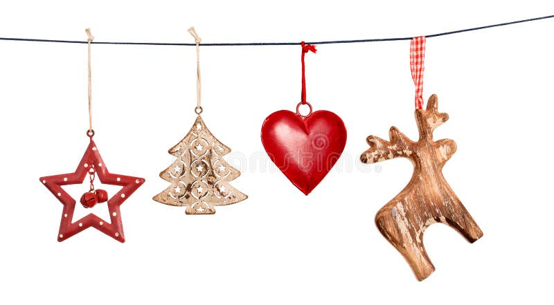 Vintage Christmas decorations hanging on string isolated