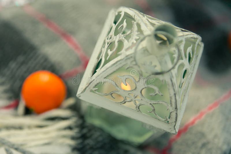 Vintage Christmas lantern with burning candle in the open air on a blanket of snow. stock photography Vintage Christmas lantern with burning candle in the open air on a blanket of snow. stock photography