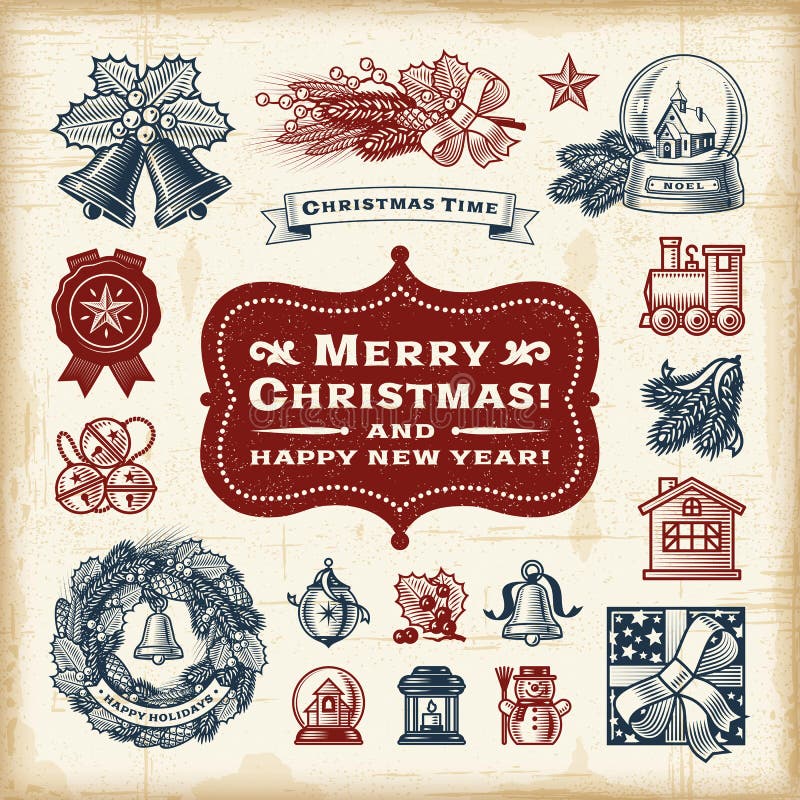 A set of fully editable vintage Christmas elements in woodcut style. EPS10 vector illustration. Drawing time vectors