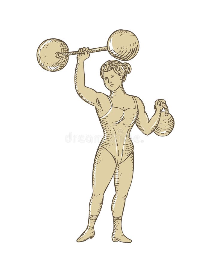 Vintage Circus Strongwoman Female or Lady Strongman Lifting Barbell on One Hand and Kettlebell in Etching Engraving Style