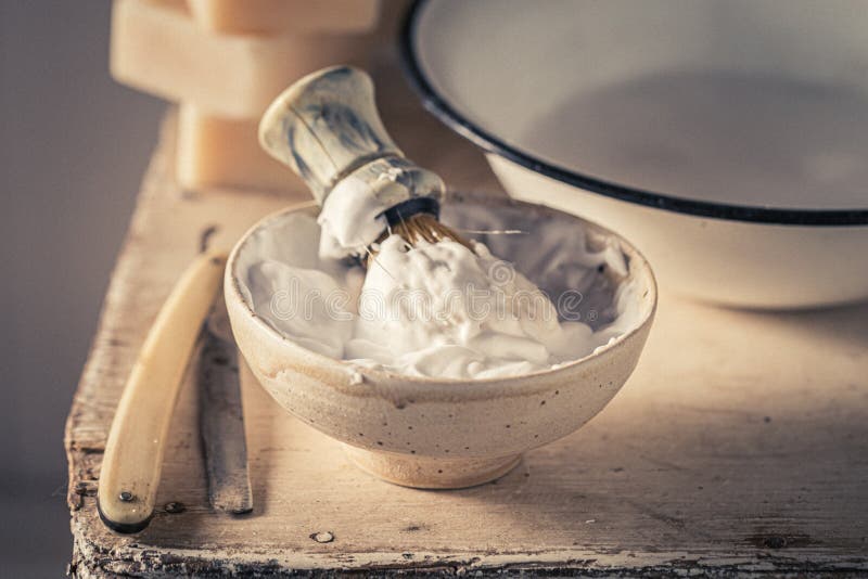 Vintage and Classic Shaving Tools with Razor and Soap Stock Photo