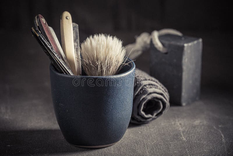 Vintage and Classic Tools for Shave with Foam and Brush Stock Image