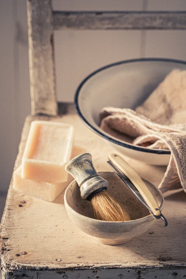 Vintage and Classic Tools for Shave with Razor and Brush Stock Photo