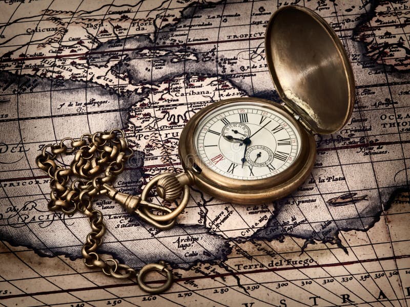Vintage clock at antique map stock image Vintage clock at antique map stock image