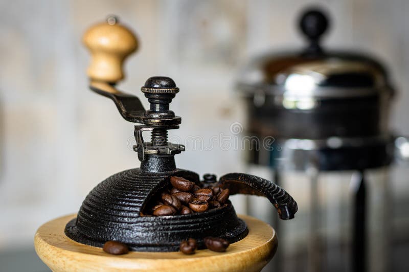 Vintage Coffee Grinder Against the Background of the French Press. Stock  Image - Image of coffe, break: 211083935