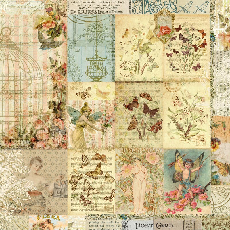 Vintage patchwork koláž pozadí s art deco ženy, motýle, kvety, botanická výtlačkov, vtáčie klietky a text.