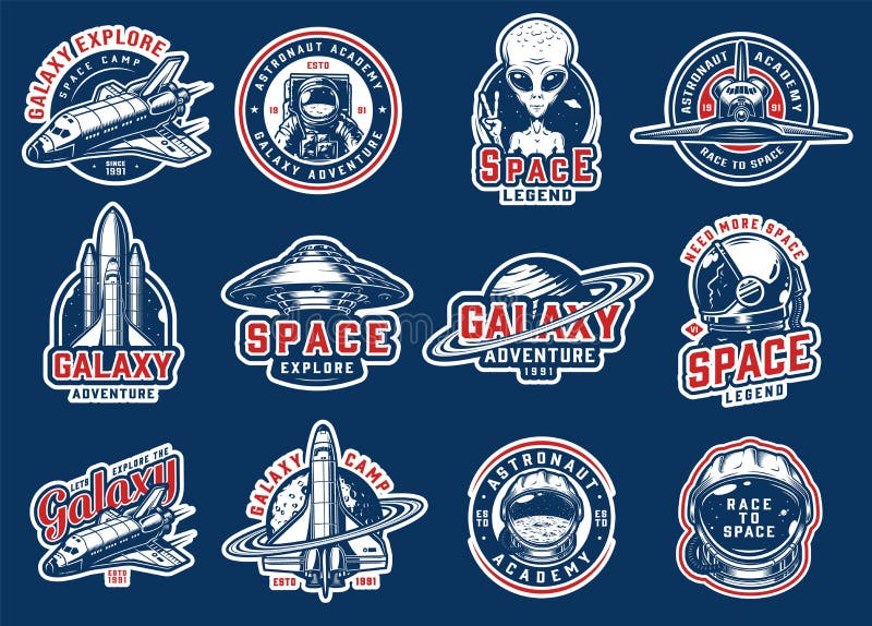 Vintage colorful space badges set royalty free illustration