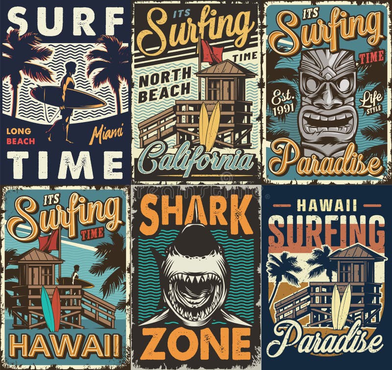 Vintage colorful surfing posters set with surf bus tribal hawaiian tiki mask shark wooden house man holding surfboards vector illustration