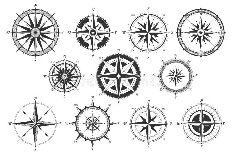 Vintage compass. Nautical map directions vintage rose wind. Retro marine wind measure. Windrose compasses vector icons