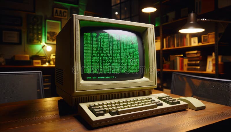 Vintage Computer Display with Green Matrix Code royalty free illustration