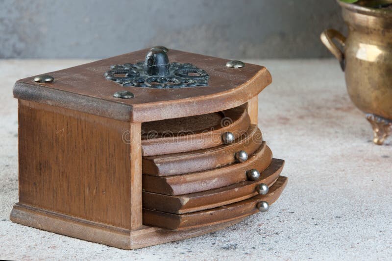 Vintage Cork Coasters in a Wooden Box Stock Image Image of design