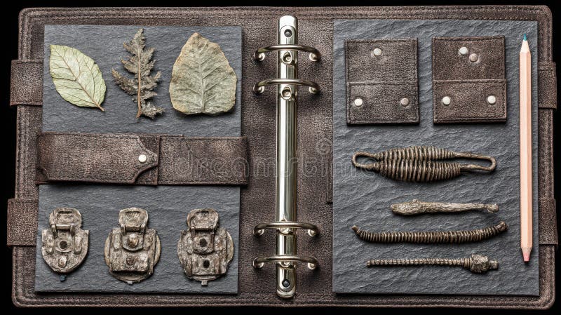 Vintage Craft Display with Natural Elements, Textures, and Antique Artifacts in a Leather Binder vector illustration
