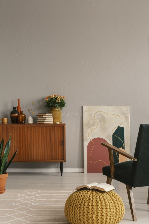 Vintage Cupboard in Grey Elegant Living Room Interior Stock Photo