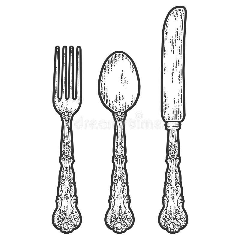 Vintage cutlery set. Fork, spoon and knife. Sketch scratch board imitation. Black and white. Engraving vector illustration