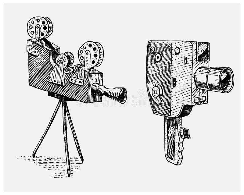 Vintage da câmera do filme ou do filme da foto, gravado, mão tirada no esboço ou estilo do corte da madeira, lente retro de vista ilustração do vetor Vintage da câmera do filme ou do filme da foto, gravado, mão tirada no esboço ou estilo do corte da madeira, lente retro de vista ilustração do vetor