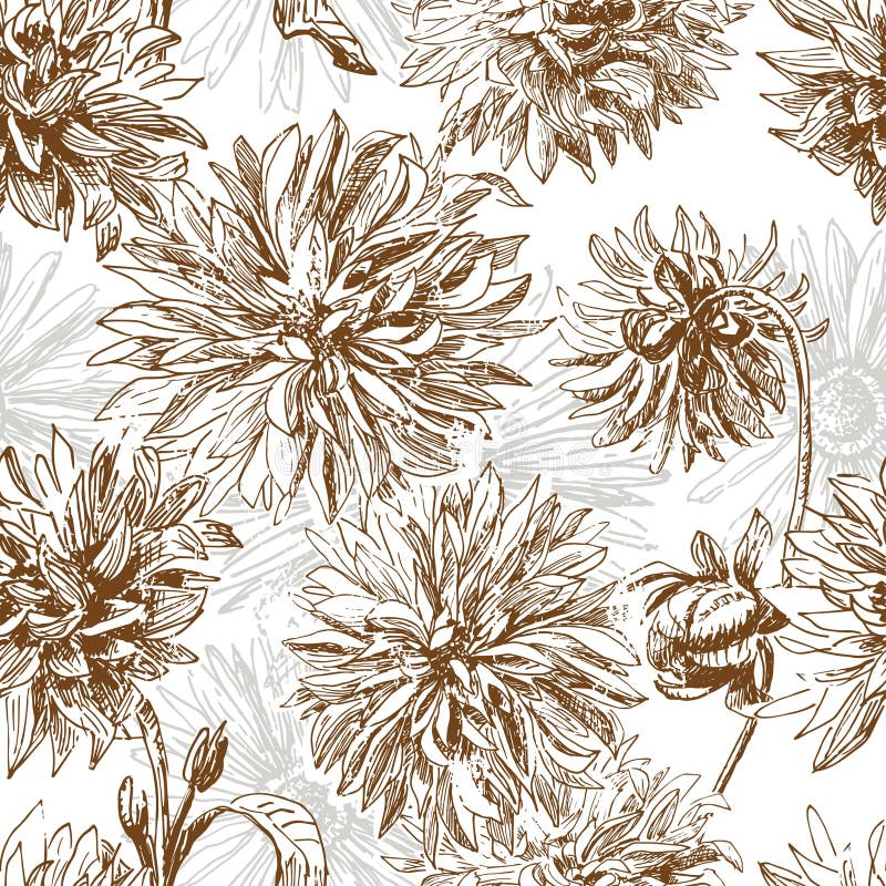 Vintage dahlia flowers seamless pattern