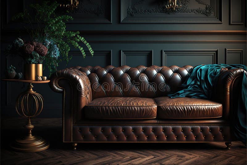 Vintage Dark Living Room Interior Close Up with Leather Sofa.3d Rendering Stock Illustration