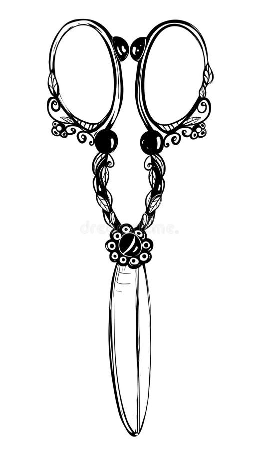 Vintage Decorated Scissors Black Ink Illustration Stock Vector