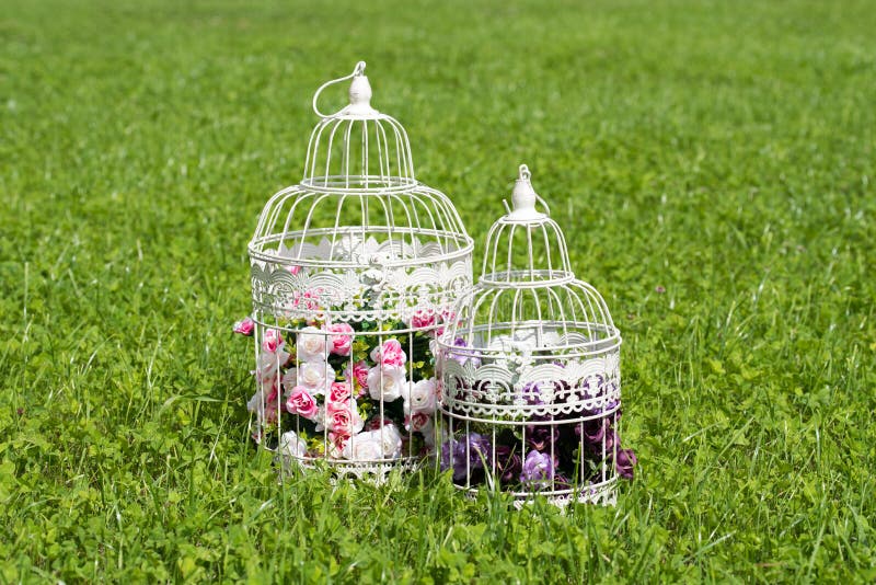 Vintage Decorative Birdcage with Artificial Flowers. Beautiful