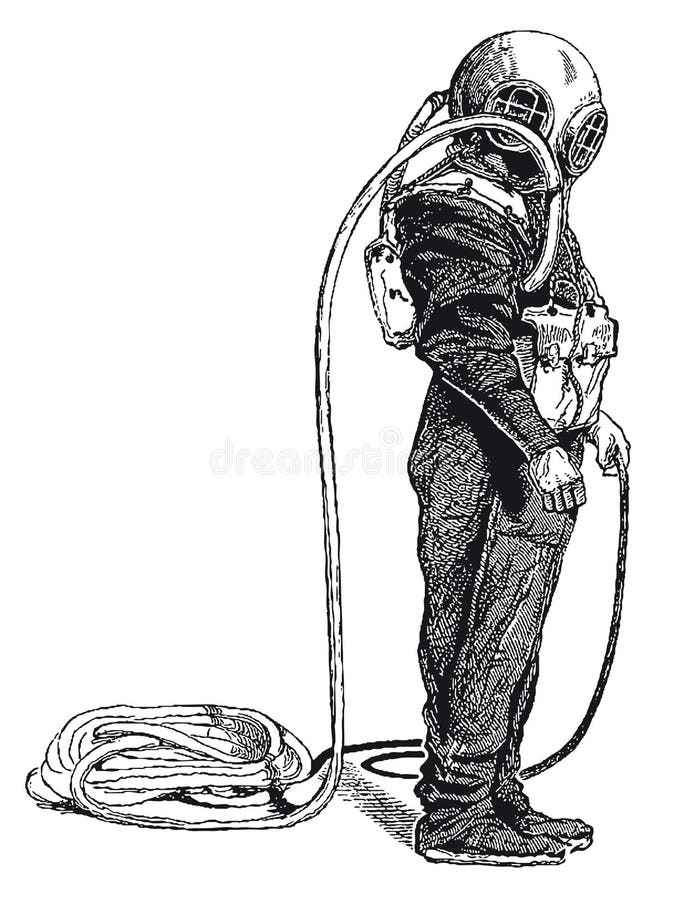 Vintage Deep Sea Diver Engraving. Full Vector illustration of a Vintage Highly detailed Deep Sea Diver Engraving royalty free illustration Vintage Deep Sea Diver Engraving. Full Vector illustration of a Vintage Highly detailed Deep Sea Diver Engraving royalty free illustration