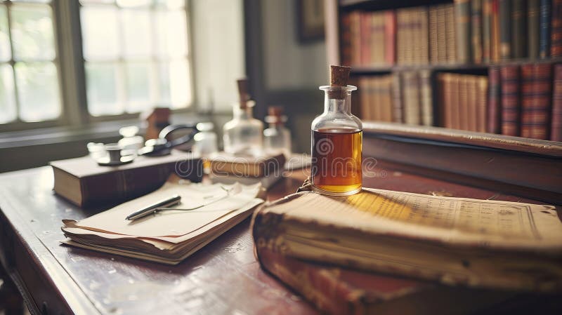 Vintage desk with books, papers, inkwell, quill vector illustration