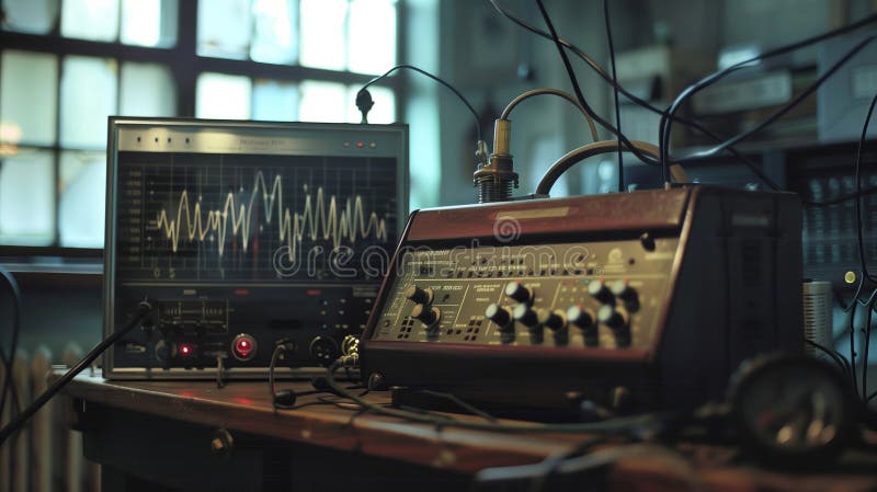 Vintage device for detecting and measuring earthquakes, seismograph. A device with various regulators and a separate royalty free stock photography