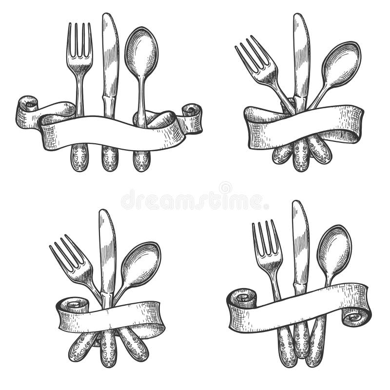 Vintage dinner table silverware set vector illustration