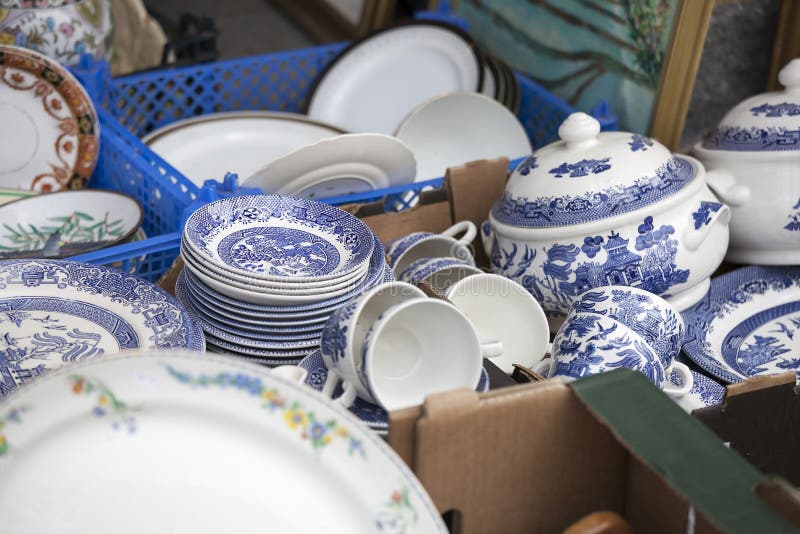 The Vintage Dishes for Sale at the Flea Market Stock Image Image of