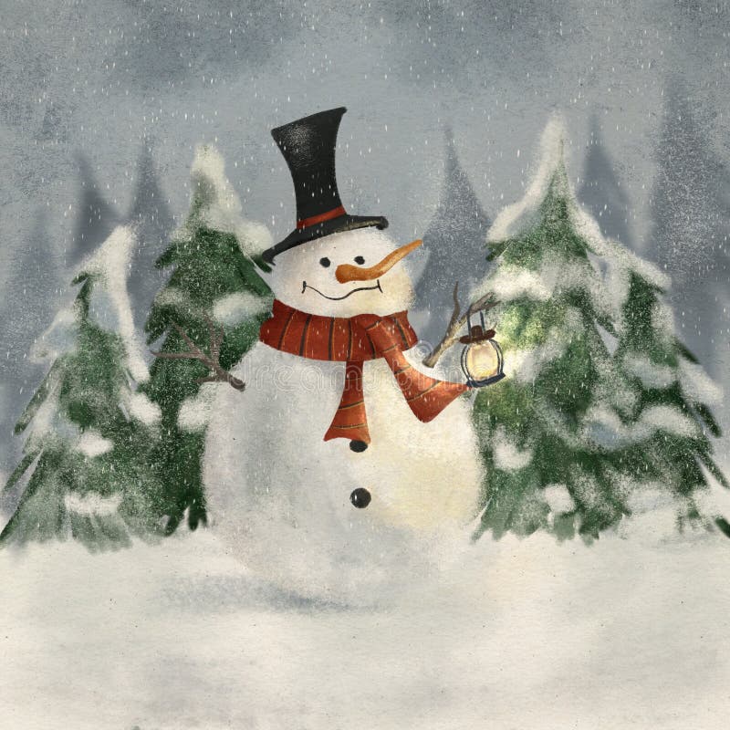 Vintage drawing of a snowman in the snow, greeting card for winter holidays