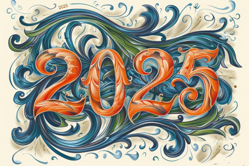 Vintage 2025 Drawing, Tattoo Sketch Hand Drawn Numbers, New Year 2025