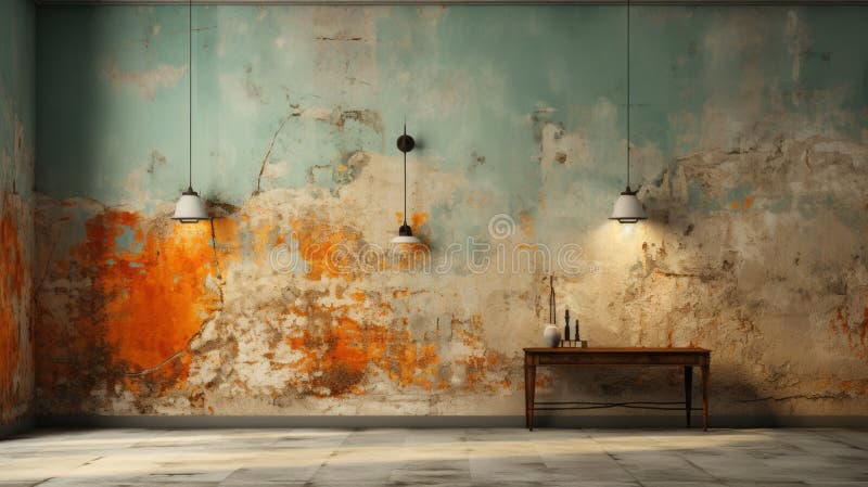 Vintage Dystopian Atmosphere: Turquoise And Orange Paint On Rust Wall